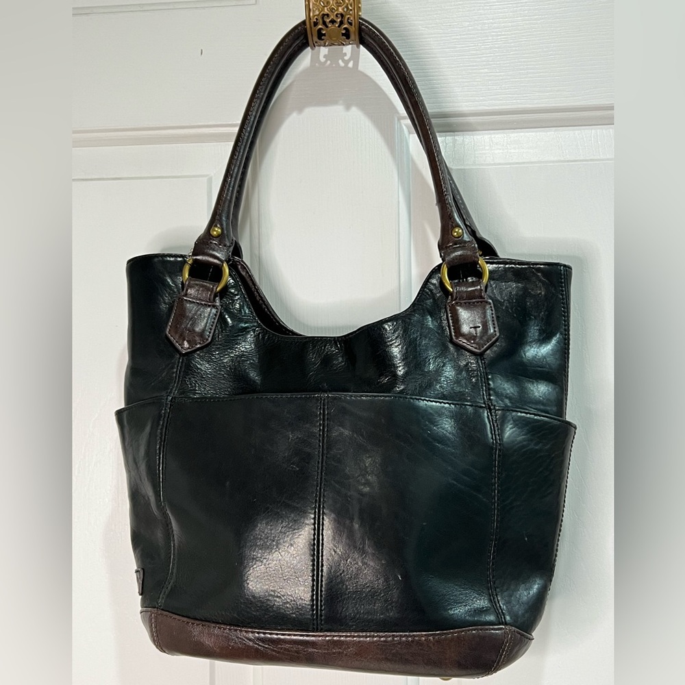 Tignanello black leather and vegan brown trim bag